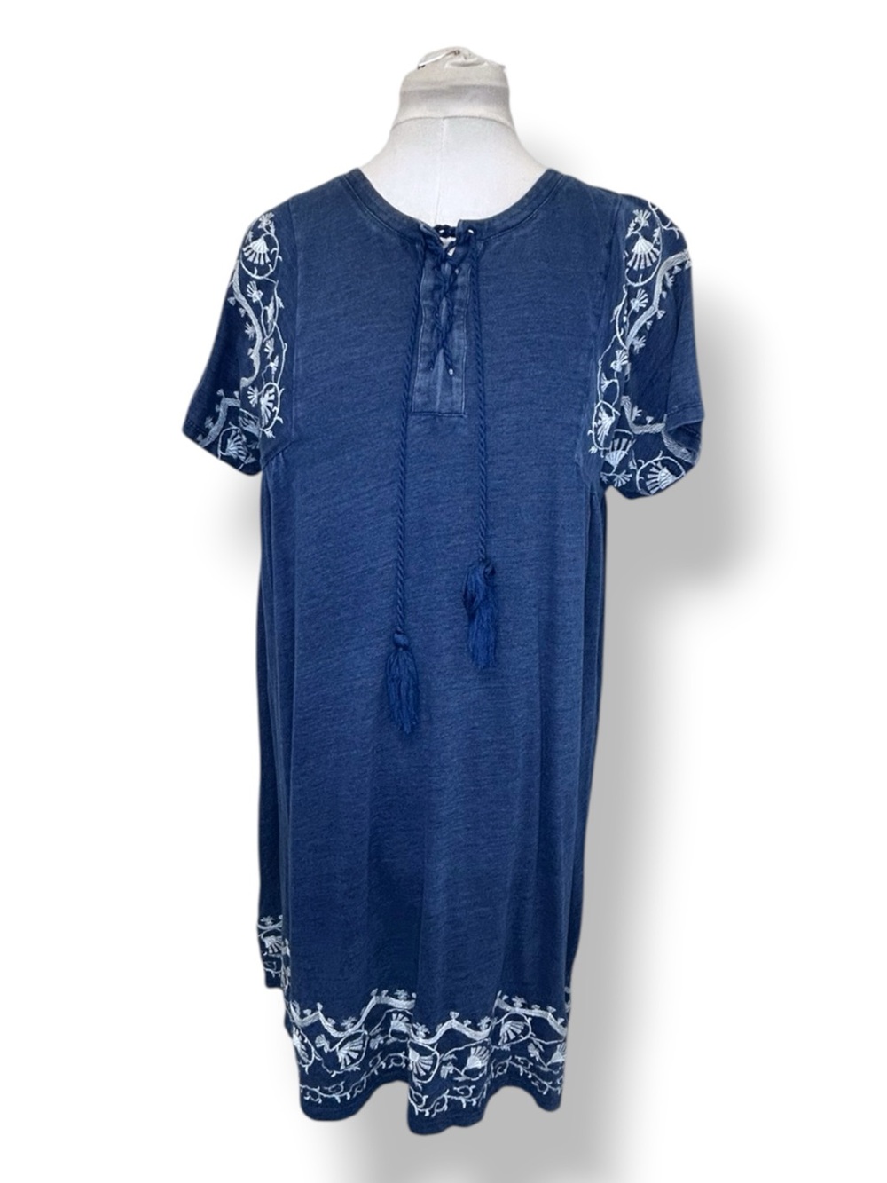 LOFT Women’s Short Sleeve Shift Dress Chambray Denim Boho Embroidered Blue M